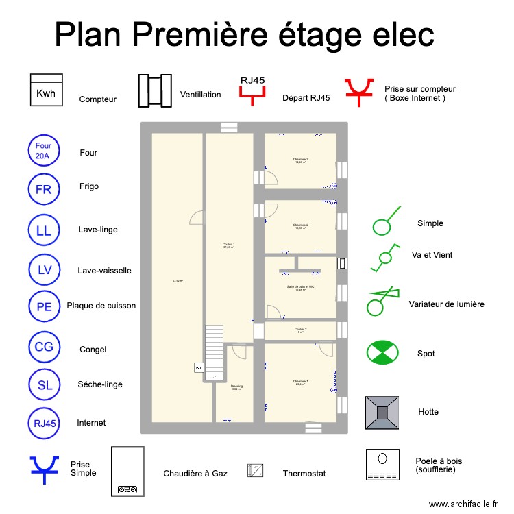 Première étage elec. Plan de 8 pièces et 170 m2