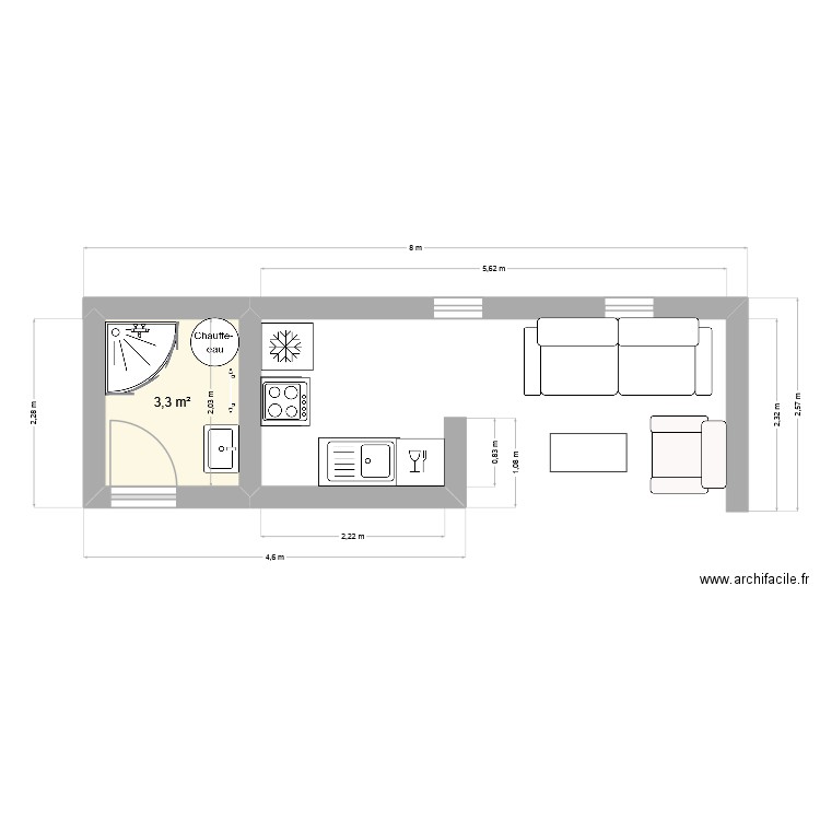 2 jet cuisine. Plan de 1 pièce et 3 m2