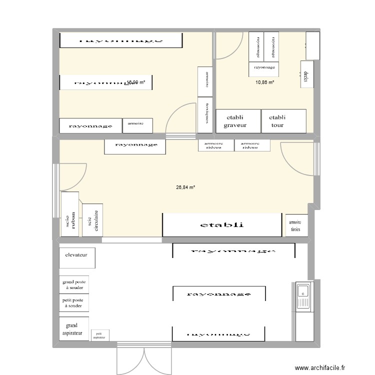 bureau actuel. Plan de 3 pièces et 55 m2