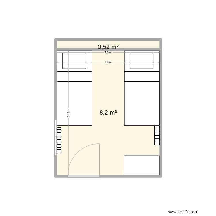 chambre arriere. Plan de 2 pièces et 9 m2