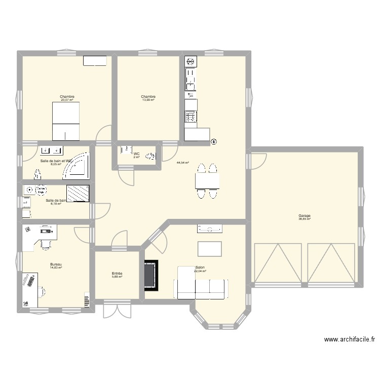Maison style victorien de plein pied. Plan de 10 pièces et 172 m2