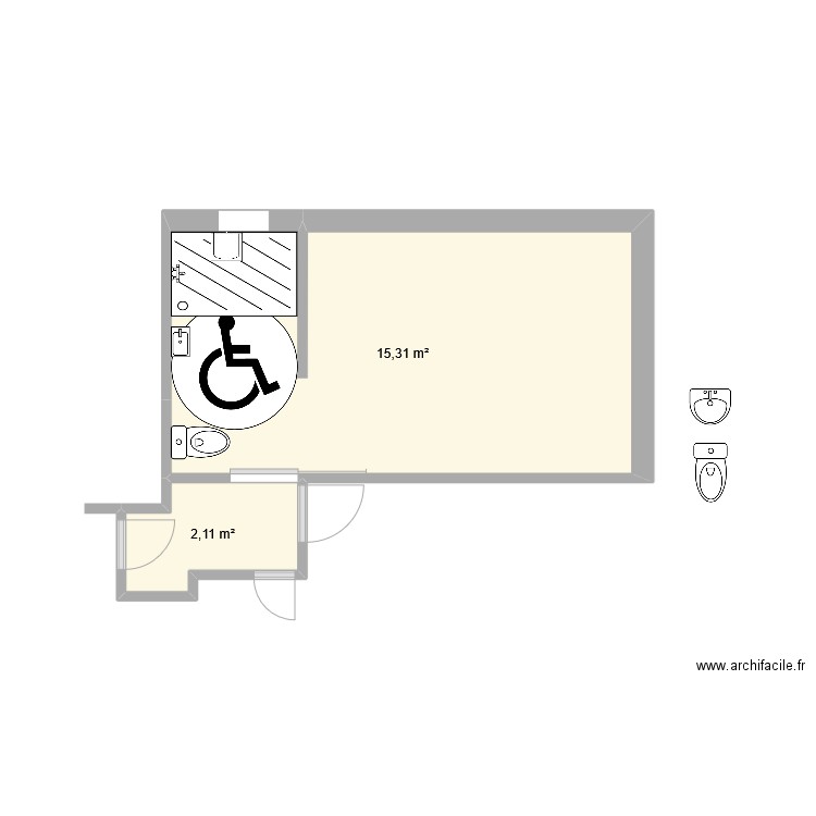 PLAN BOURGEOIS (après, autre proposition). Plan de 2 pièces et 17 m2