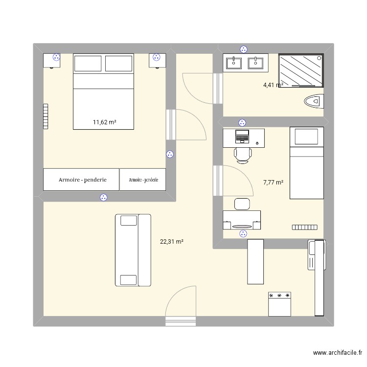 Nv 1. Plan de 4 pièces et 46 m2