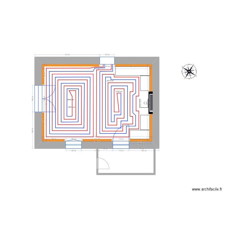 plan maison, RDC 1 calepinage plancher chaffant. Plan de 1 pièce et 39 m2
