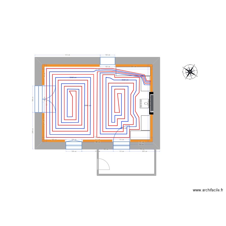 plan maison, RDC 1 calepinage plancher chaffant. Plan de 1 pièce et 39 m2