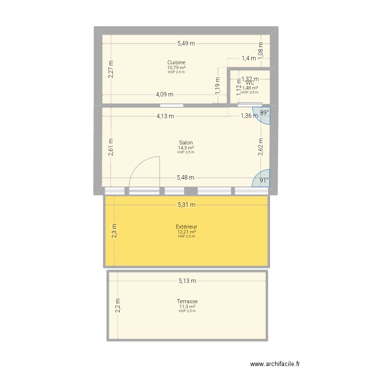 Plan du resto La Cantina plus Terrasse. Plan de 5 pièces et 50 m2