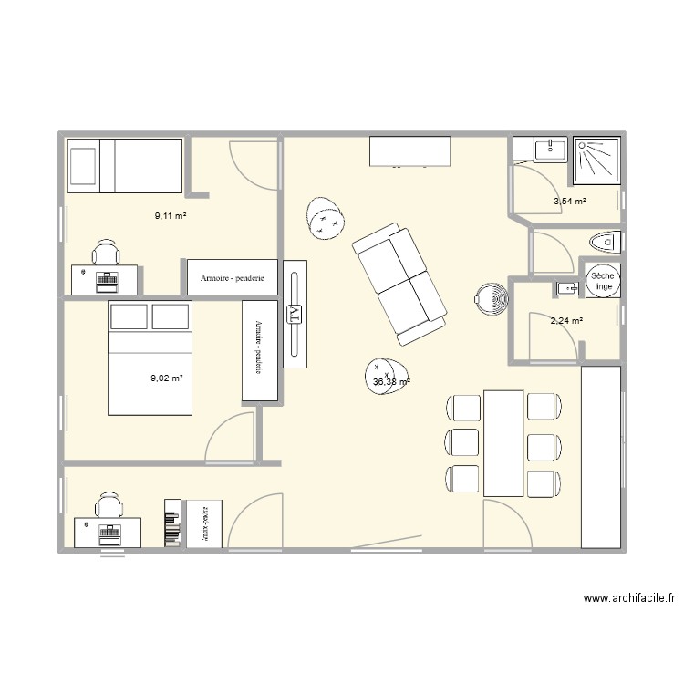 Esquisse toit plat ou une pente. Plan de 5 pièces et 60 m2