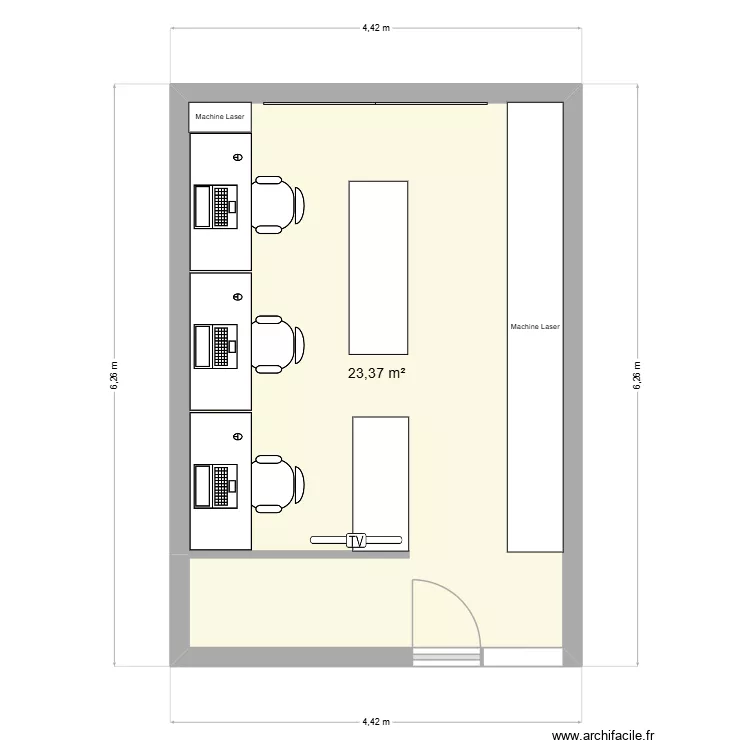 Atelier. Plan de 1  et 23 m²