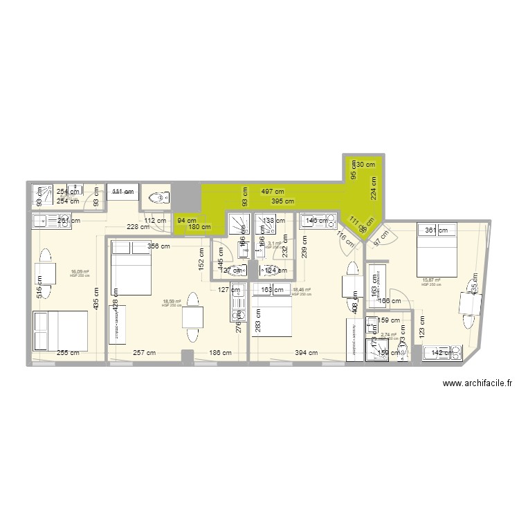 appartement claude V5. Plan de 13 pièces et 89 m2
