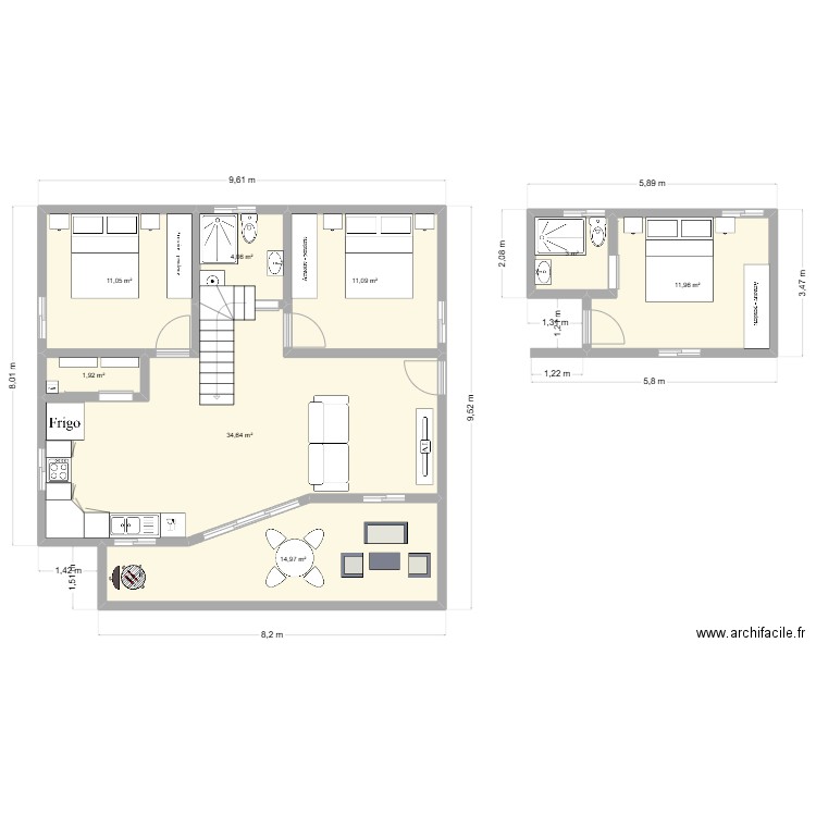 projet 2 maisons / 1 terrain à mezzanine. Plan de 8 pièces et 93 m2