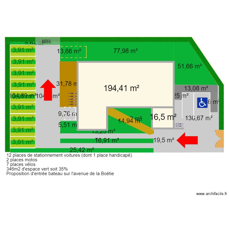 Projet cabinet kiné PRESENTATION V2BIS (Bateau + 11 places voitures + 1 handicapé + 2 motos+ 3 places soignants) 352m2. Plan de 0 pièce et 0 m2