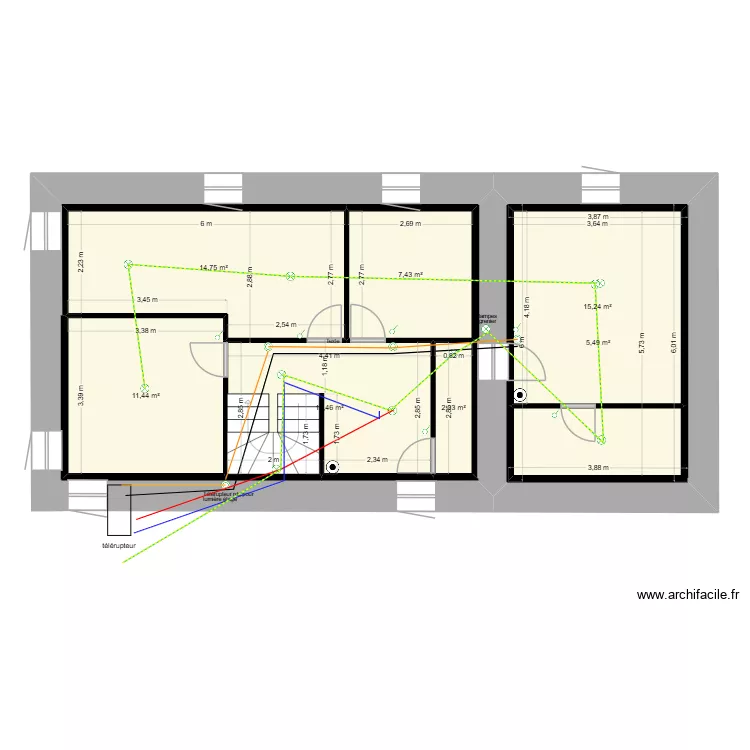&eacute;tage t&eacute;l&eacute;rupteur. Plan de 7  et 87 m²