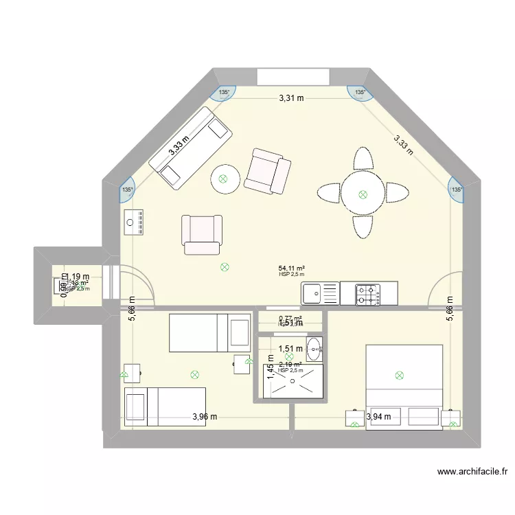 hebergement. Plan de 4  et 63 m²