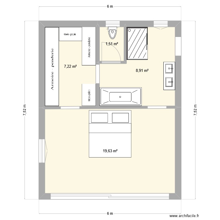 Suite parentale. Plan de 4 pièces et 37 m2