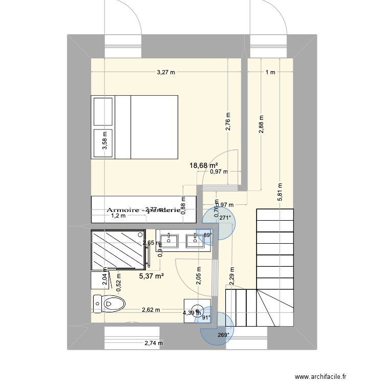 Broch. salle de bain RdeC. Plan de 2 pièces et 24 m2