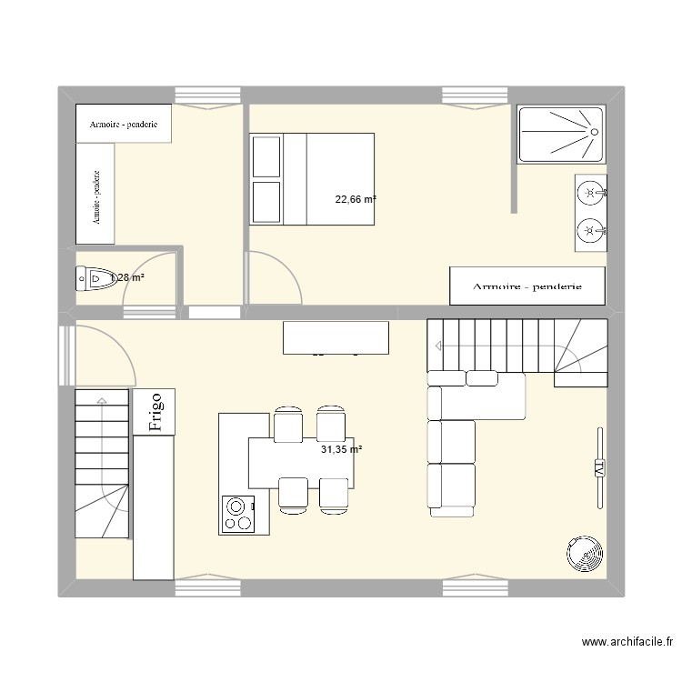 Maison clem rez de chaussée. Plan de 3 pièces et 55 m2
