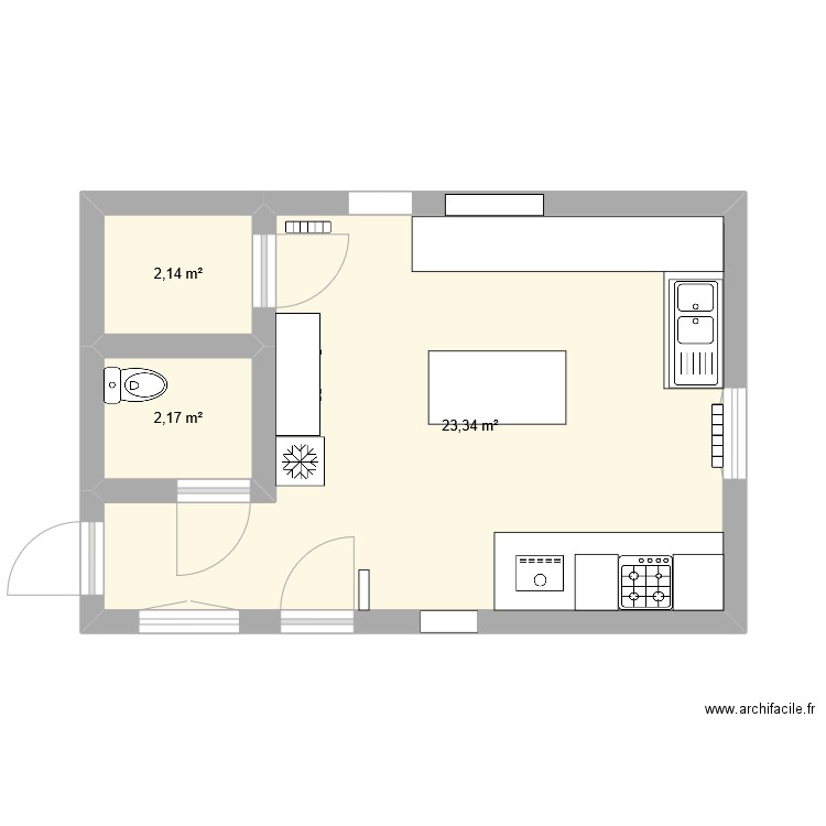 cuisine. Plan de 3 pièces et 28 m2