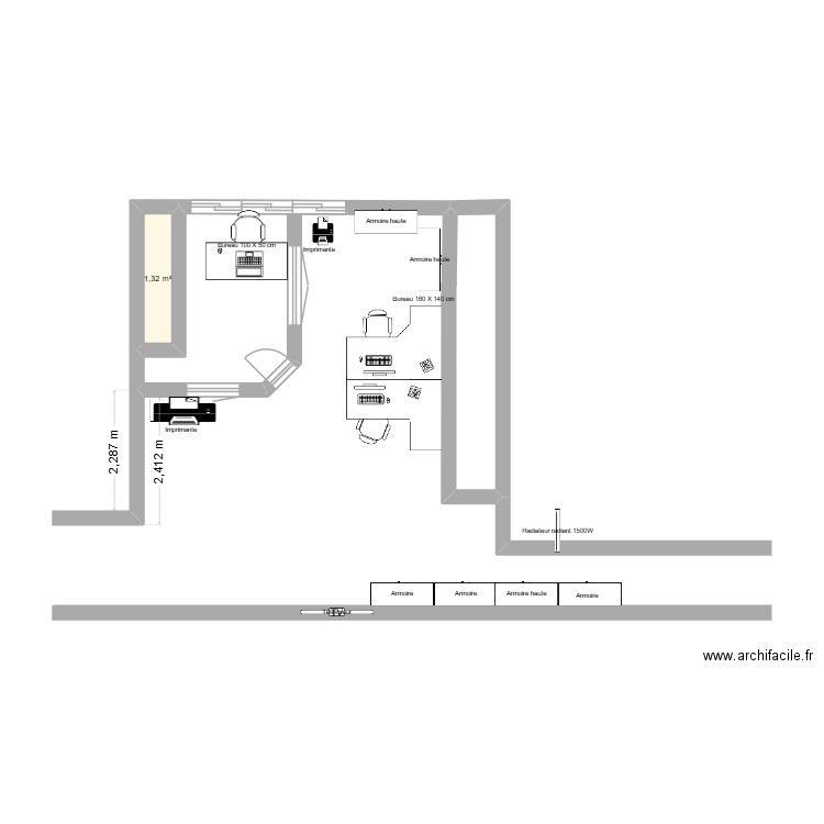 bureau v3. Plan de 1 pièce et 1 m2