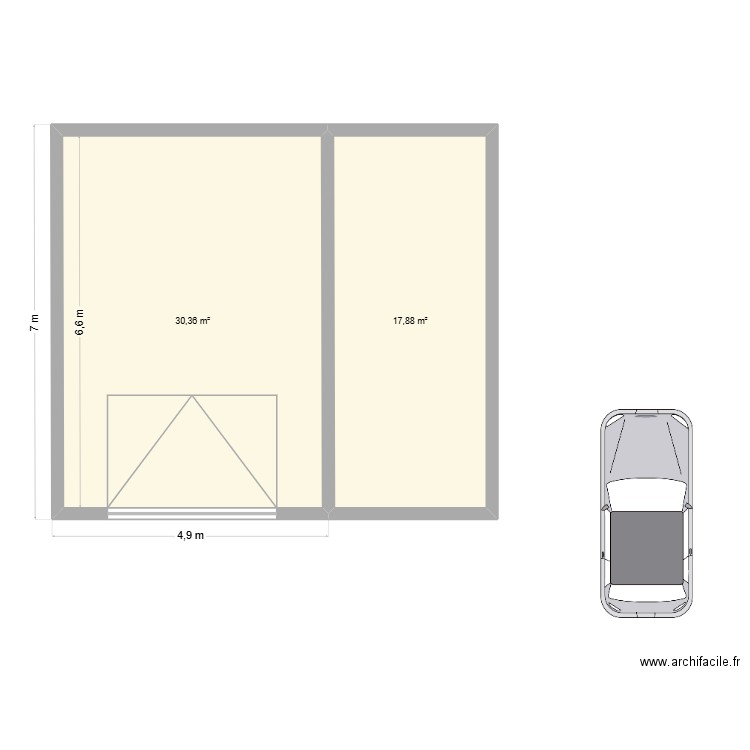 garzge auvent. Plan de 2 pièces et 48 m2
