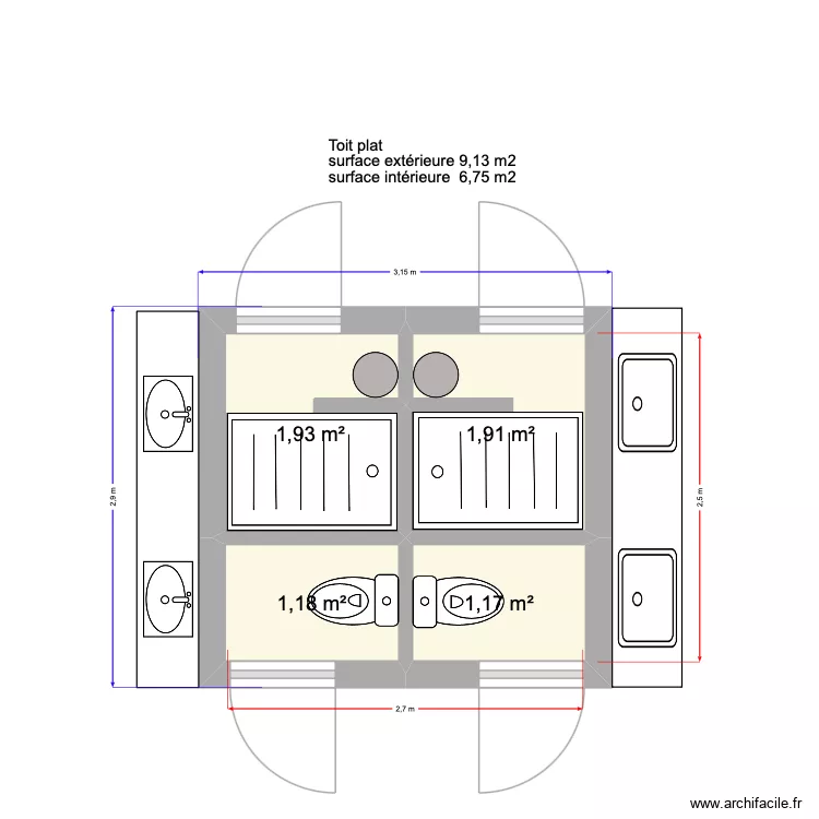 plan 2 douches 2 WC camping. Plan de 4  et 6 m²