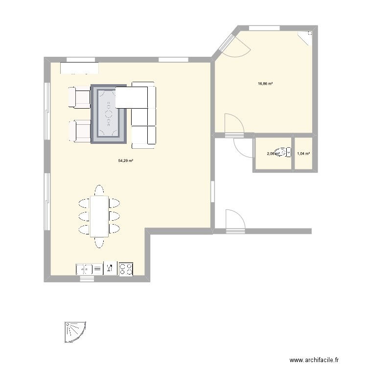 extension. Plan de 4 pièces et 74 m2