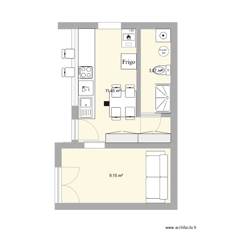 Extension. Plan de 3 pièces et 24 m2