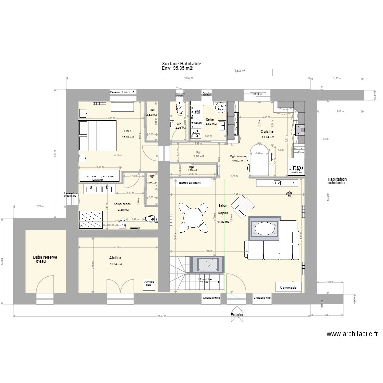 Loft Agrandissement R de C+1m*. Plan de 2 pièces et 118 m2