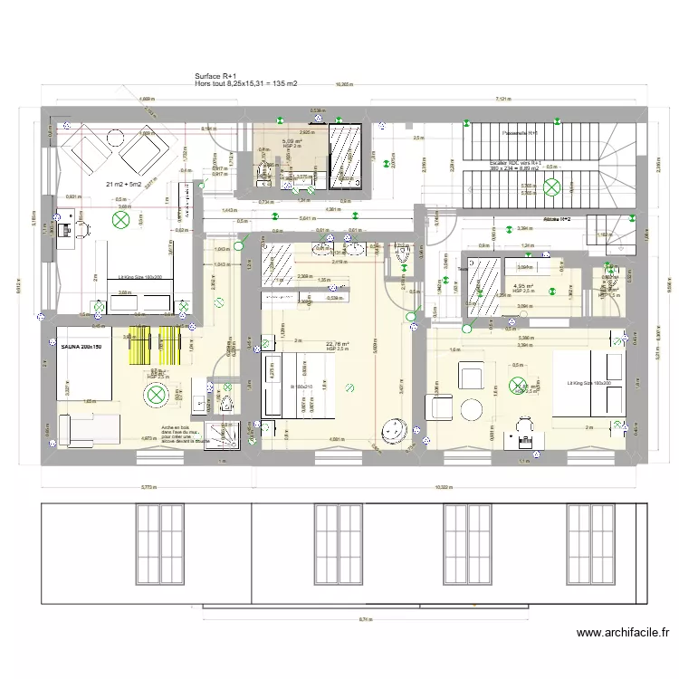 R+1_partie 2 , 3ch avec sdb et 1 sauna. Plan de 