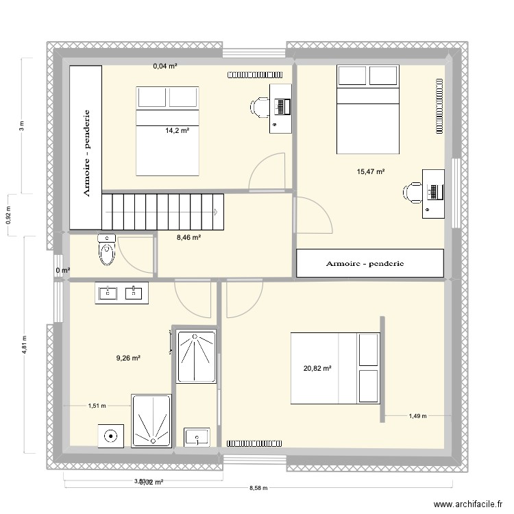 2e étage trois chambres. Plan de 9 pièces et 68 m2