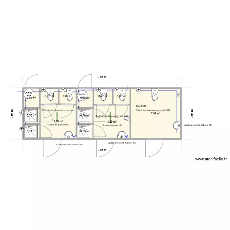 Wc Autoroute. Plan de 13  et 24 m²