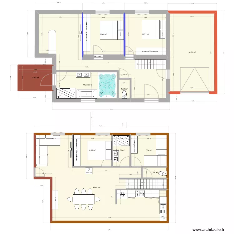 chalet rdc espace sauna devant  _ sdb etage milieu. Plan de 