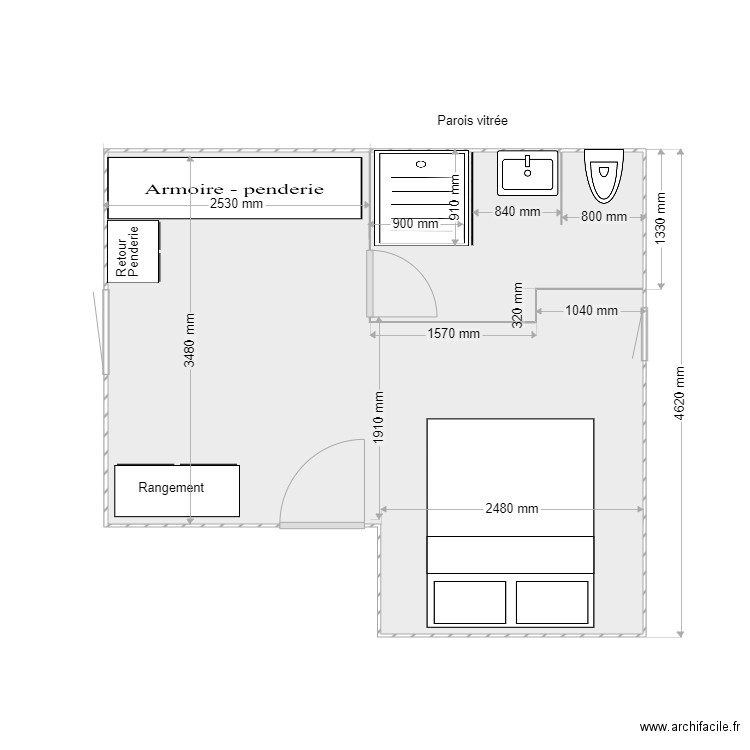 Plan chambre parental + SDE. Plan de 2 pièces et 20 m2