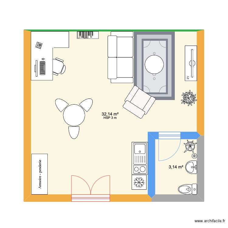 ghiaus. Plan de 2 pièces et 35 m2