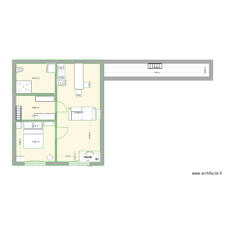Chambre. Plan de 4 pièces et 40 m2