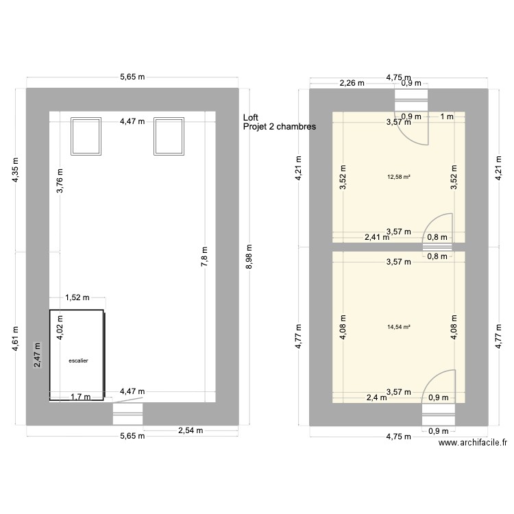 Loft plan masse bas et haut. Plan de 2 pièces et 27 m2