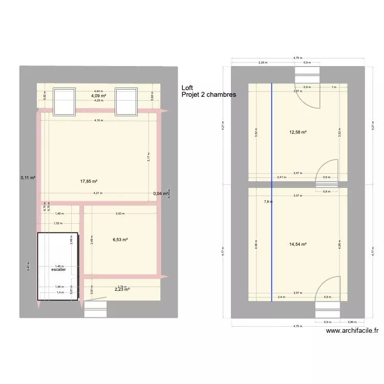 Loft plan masse bas et haut. Plan de 8 pièces et 58 m²