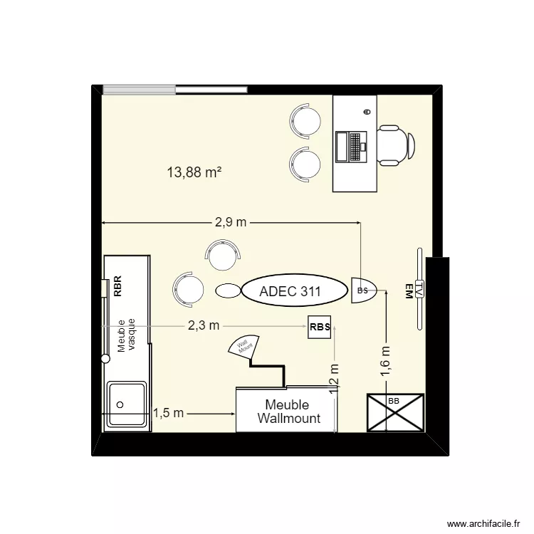 Dr Lemouzy V1. Plan de 1 pièce et 14 m²