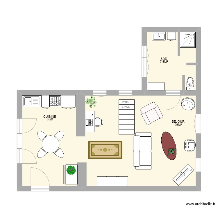 RDC ANNEXE VERRERIES. Plan de 2 pièces et 47 m2