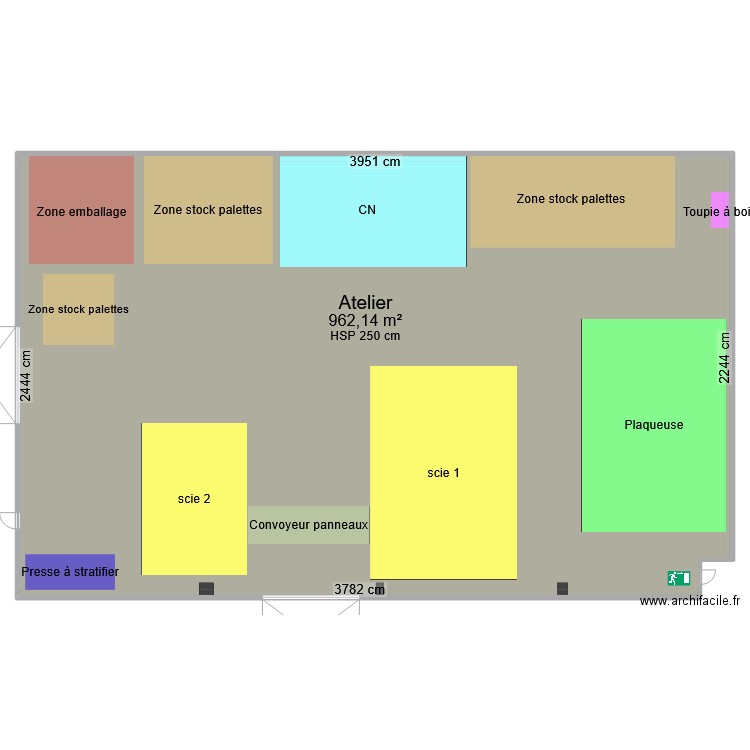 1er Plan de l'atelier réorganisé. Plan de 1 pièce et 962 m2