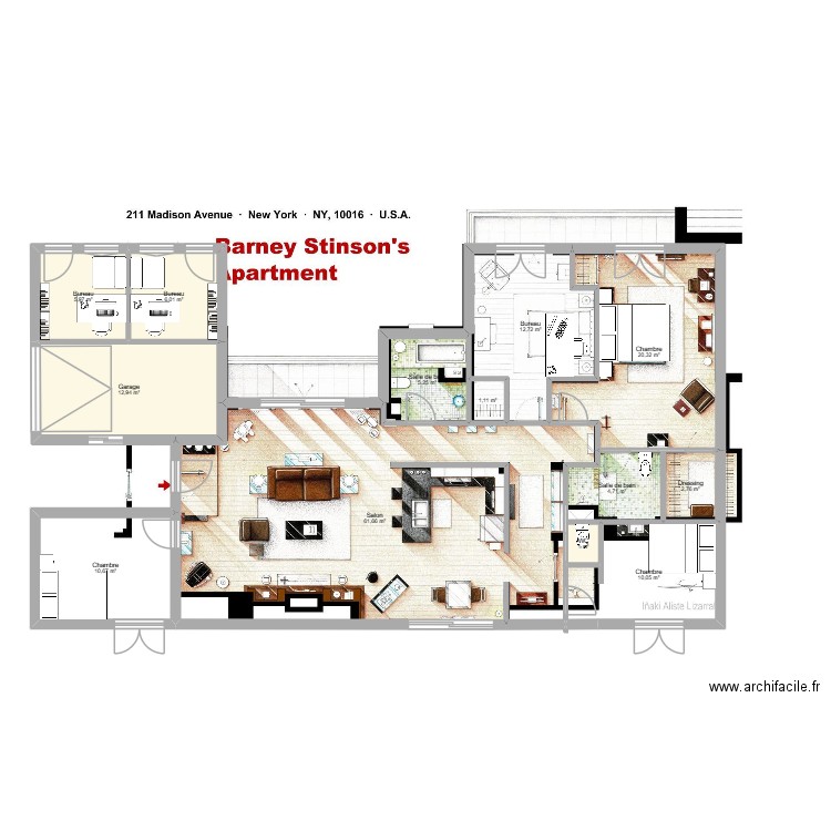 Appart Barney avec 3 chambres. Plan de 13 pièces et 155 m2