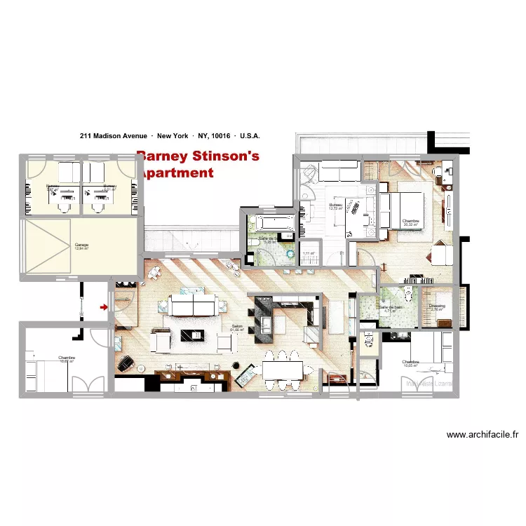 Appart Barney avec 3 chambres. Plan de 