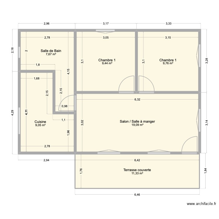 Boubouille. Plan de 6 pièces et 66 m2