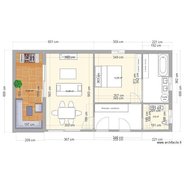 aile ouest rdc. Plan de 5 pièces et 45 m2