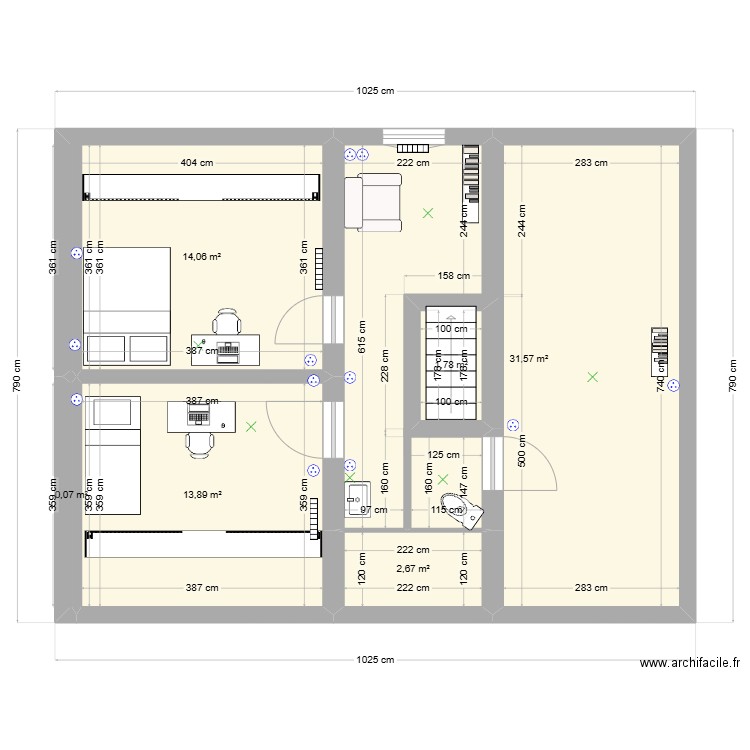 grenier filles 2024 02 09. Plan de 6 pièces et 64 m2