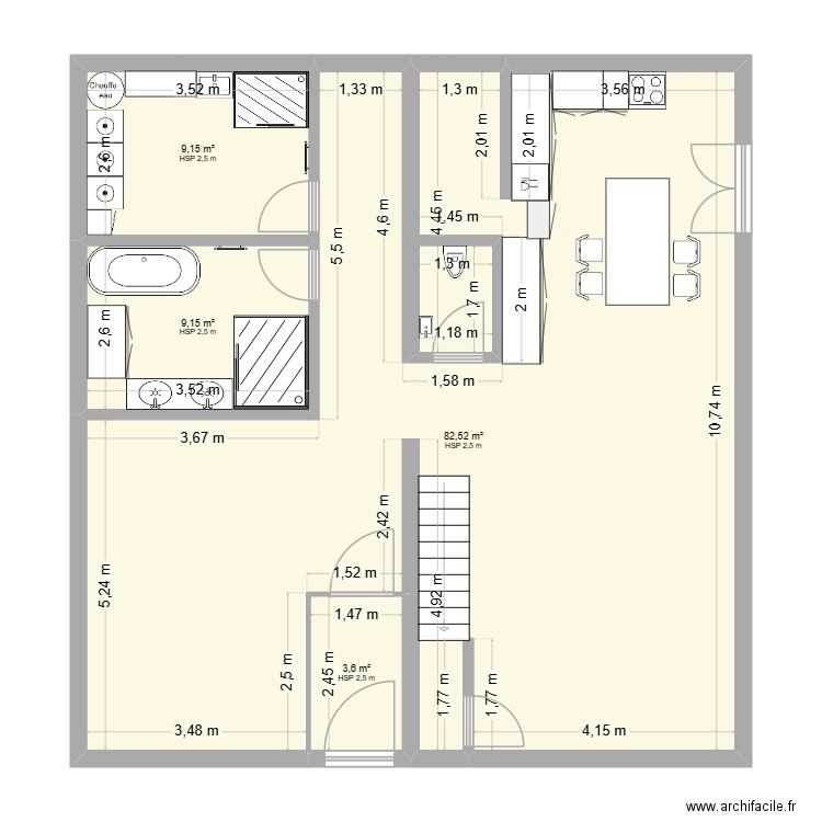 rdc. Plan de 4 pièces et 104 m2