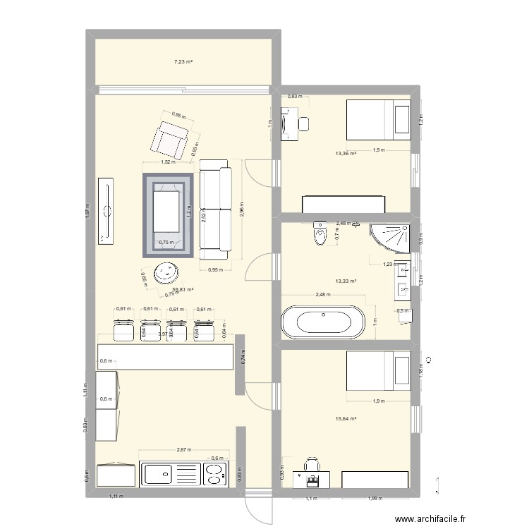 maison deux chambre salon. Plan de 5 pièces et 109 m2