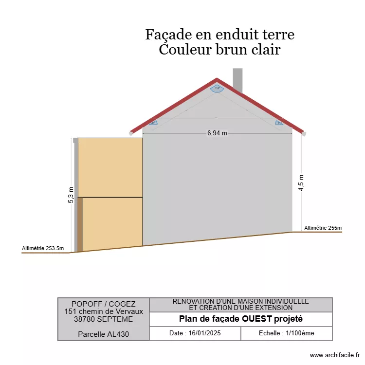 FACADE OUEST projete. Plan de 1  et 6 m²