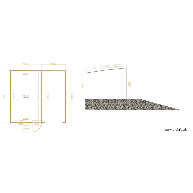 coupe. Plan de 1 pièce et 15 m2