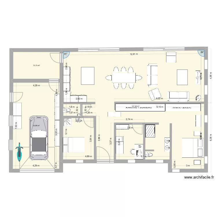 Plain pied  GN  MN 2. Plan de 3  et 172 m²