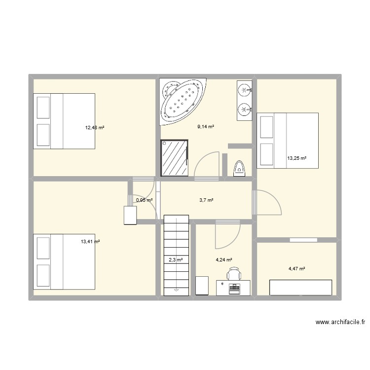 1 er étage. Plan de 9 pièces et 64 m2
